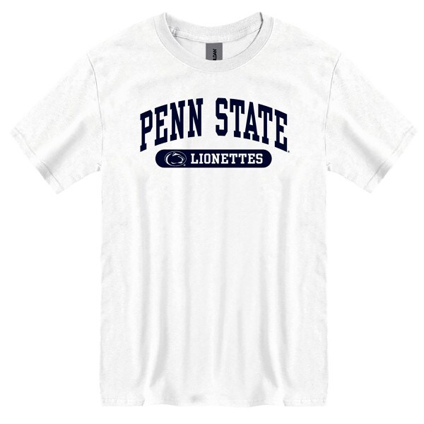 white short sleeve t-shirt with Penn State, Athletic Logo, and Lionettes in pill shape